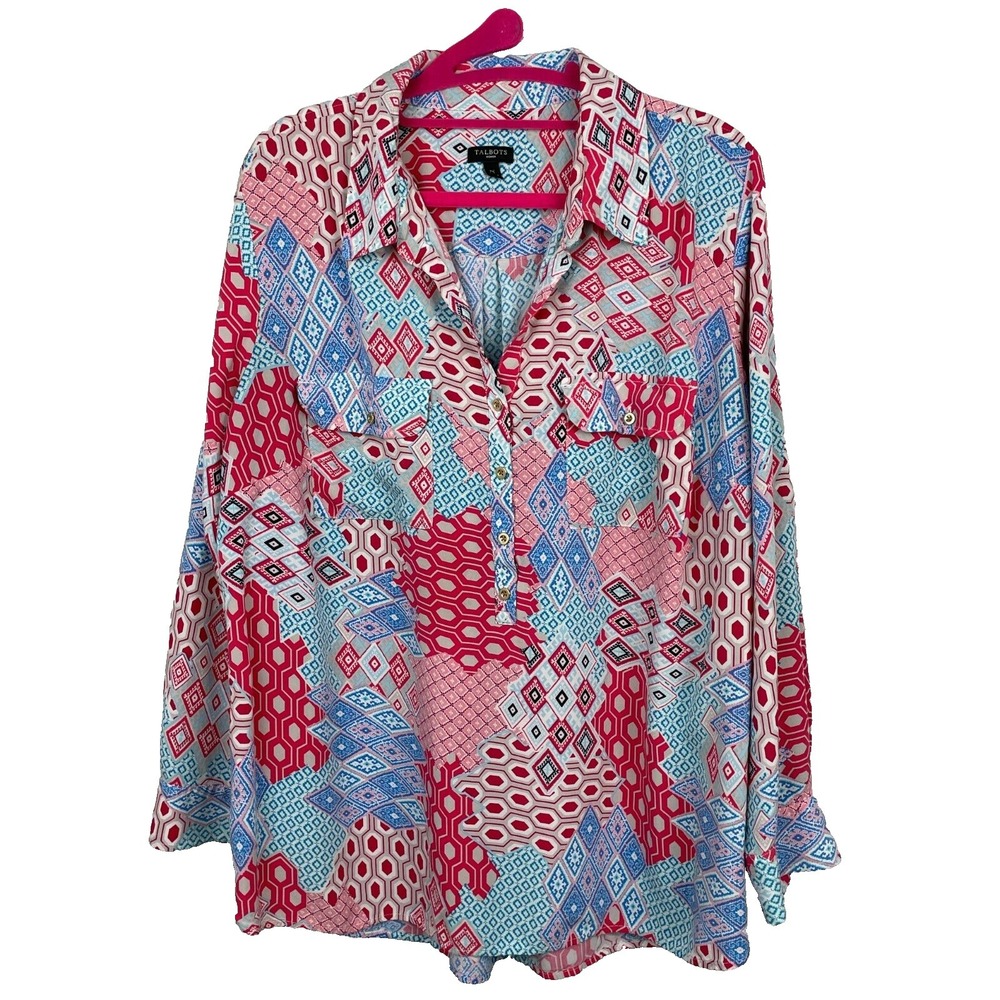 Talbots Top Women Plus 1X Long Roll Tab Sleeve Multicolor Button Up Shirt Blouse